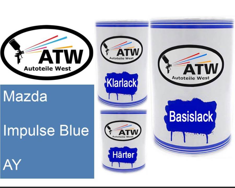 Mazda, Impulse Blue, AY: 500ml Lackdose + 500ml Klarlack + 250ml Härter - Set, von ATW Autoteile West.